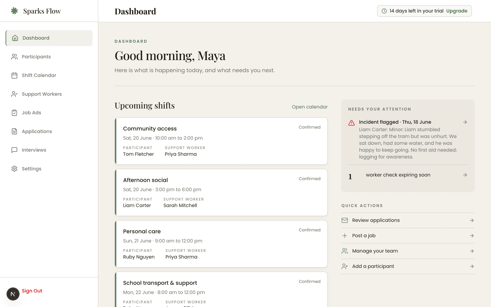 Sparks Flow dashboard showing upcoming shifts with participant and support worker, plus a flagged incident