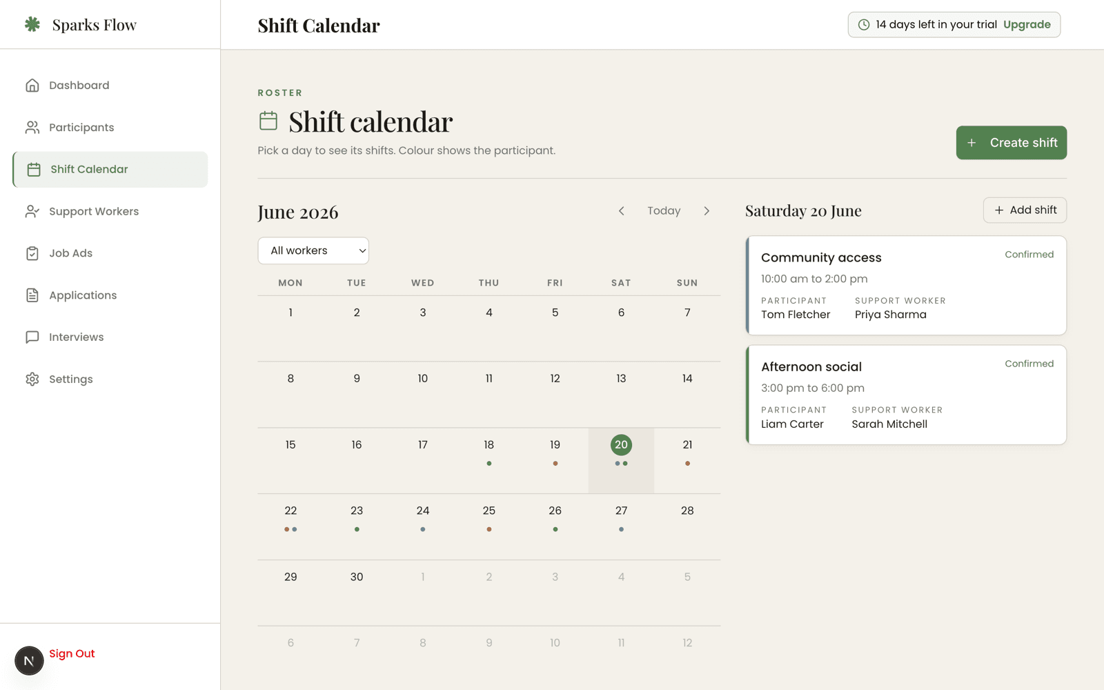 Sparks Flow shift calendar with a month grid and the shifts listed for the selected day